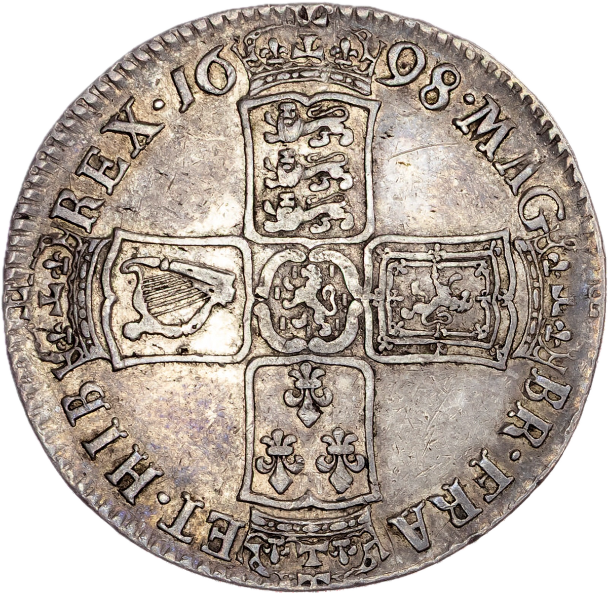1698 Halfcrown Modified large shields Edge DECIMO S3494 ESC 1034 VF