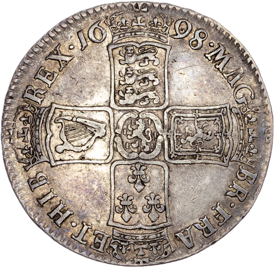 1698 Halfcrown Modified large shields Edge DECIMO S3494 ESC 1034 VF