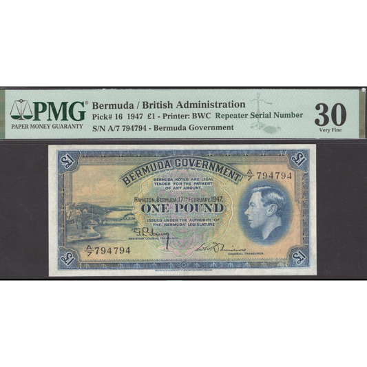 BERMUDA P.16 1947 £1 Repeater serial number VF30