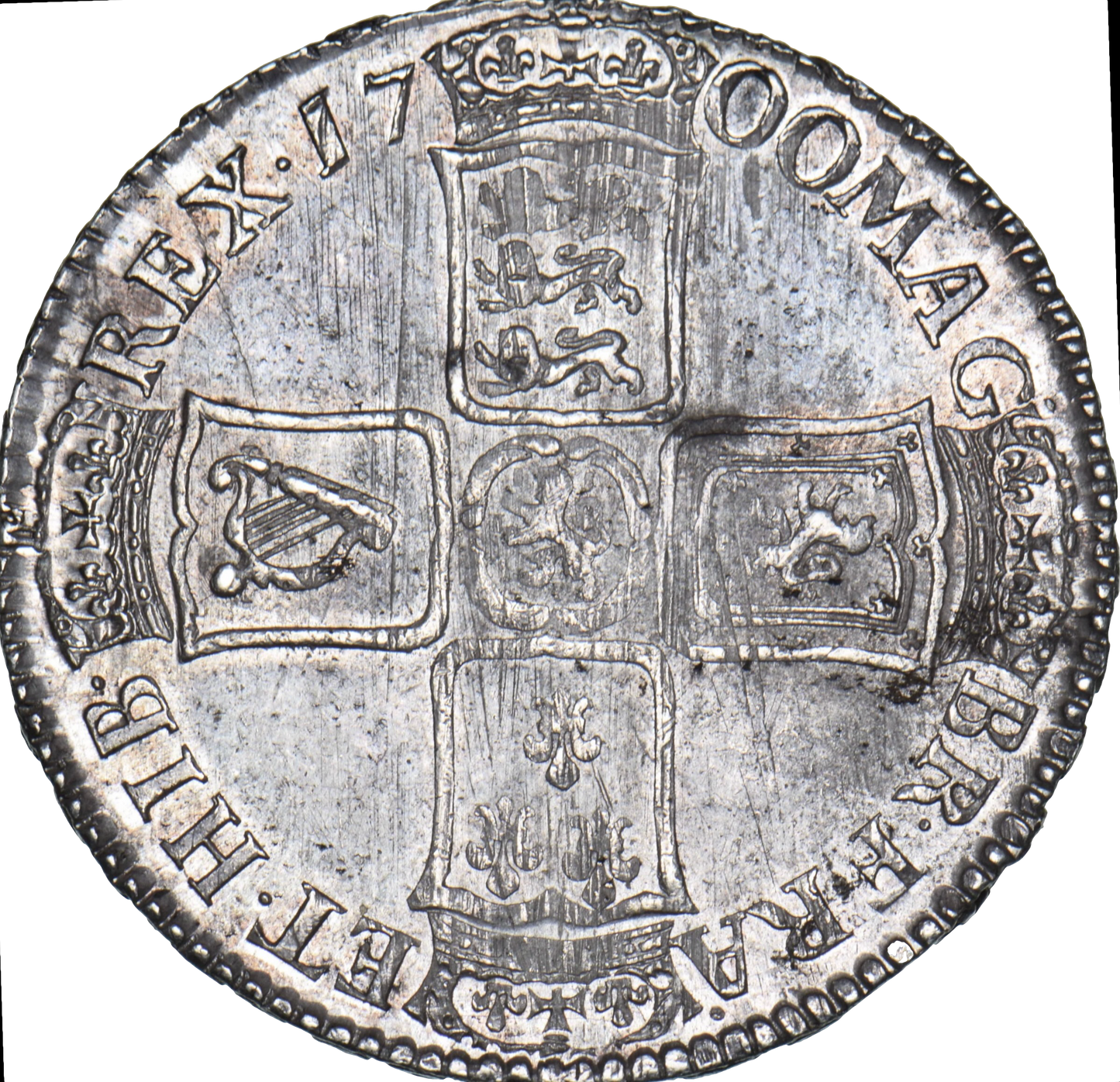 1700 Halfcrown Large late harp Large shields S3494 ESC 1044
