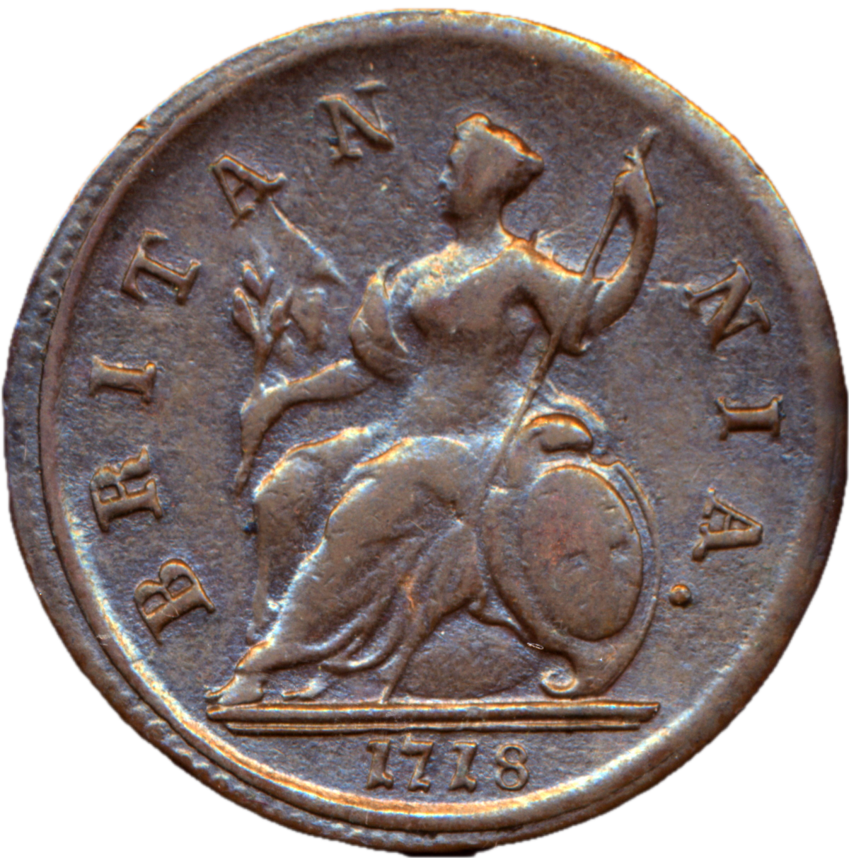1718 Halfpenny Obverse no stops S3659 BMC 775 GVF Very rare