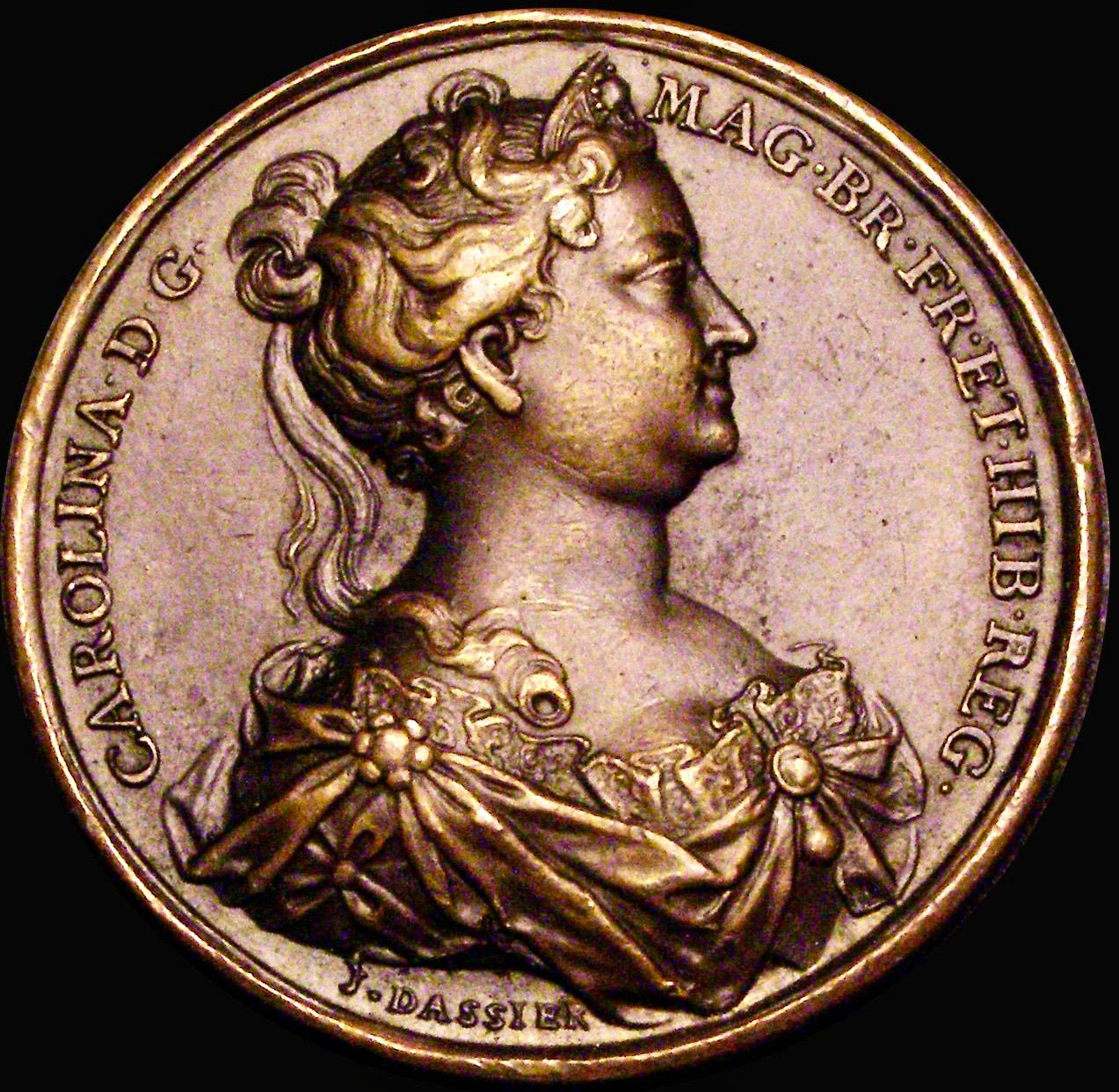 1731 Death of Caroline 40mm copper medal from dassiers Kings and Queens series