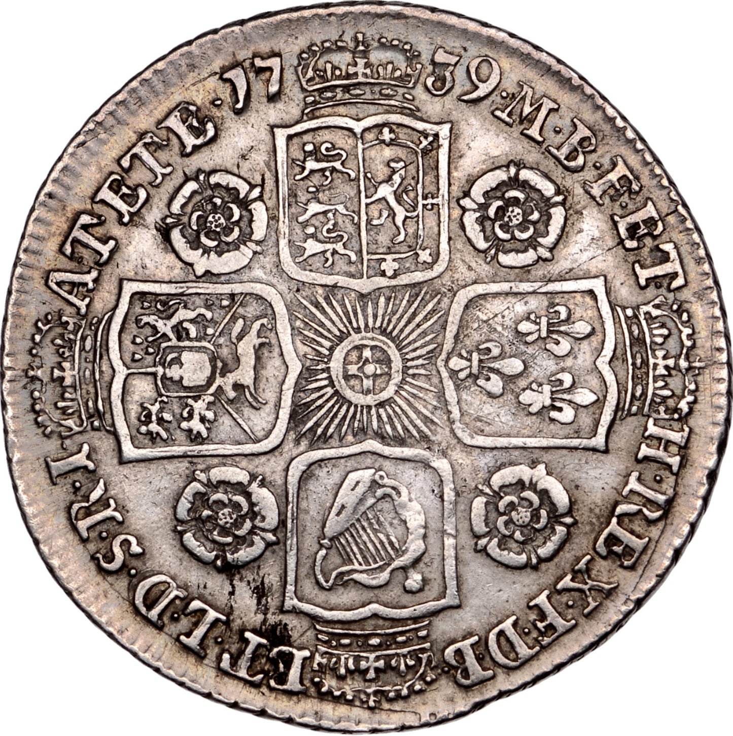 1739 Shilling Young head Roses in angles Larger lettering S3701 ESC 1716 NEF