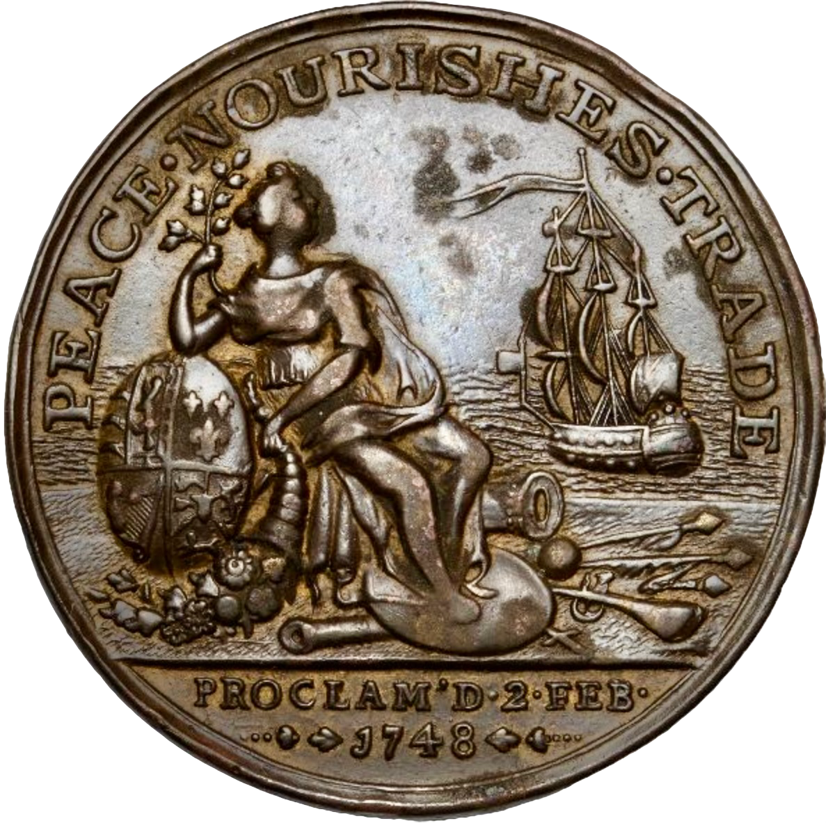 1749 Peace of Aix-La-Chapelle 41.5mm bronze (pinchbeck) medal MI 652/355 Eimer 620 Rare