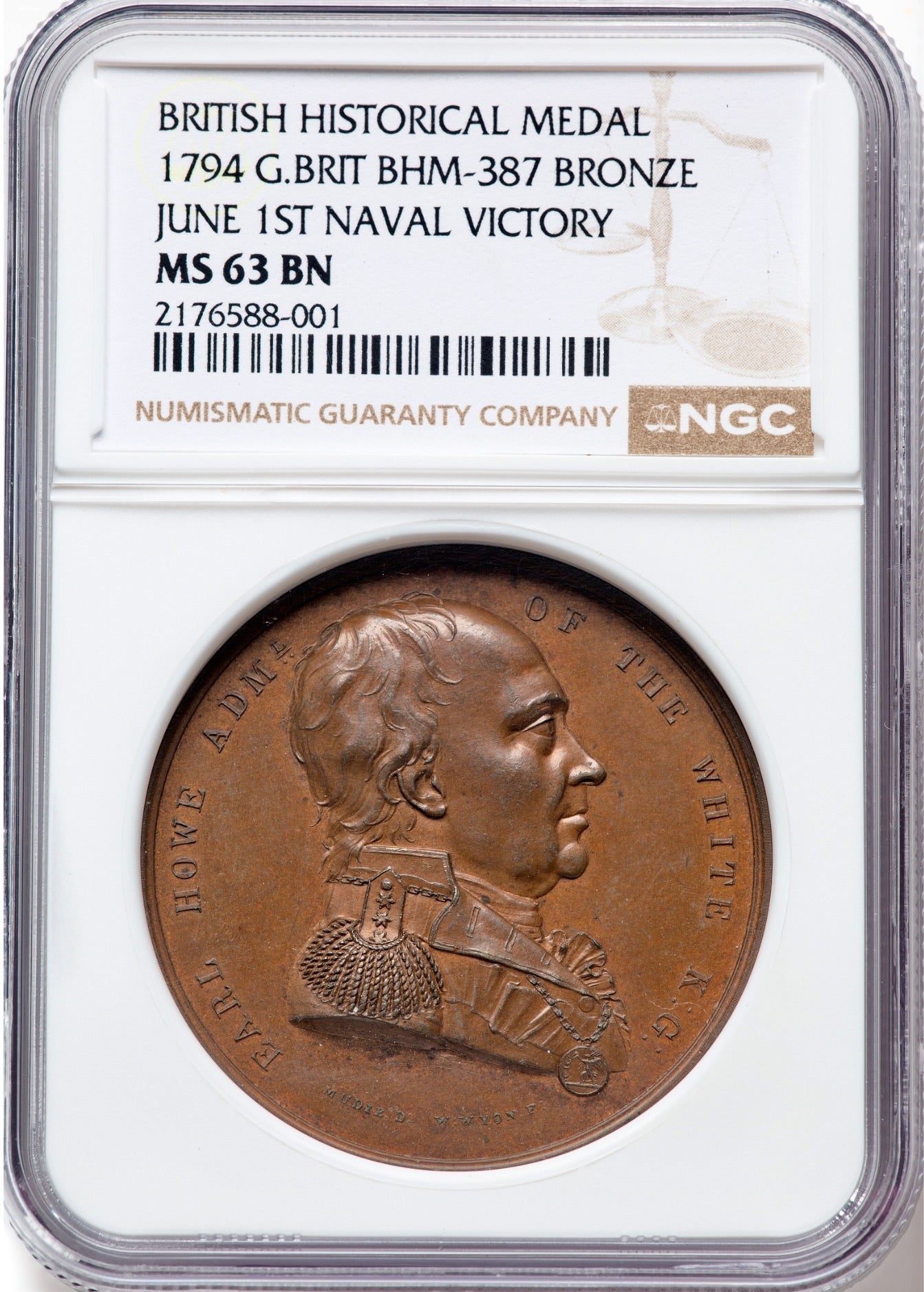 1794 Admiral Earl Howe, Naval Victory of the First of June 1794 copper medal BHM 387 E856 MS 63 BN