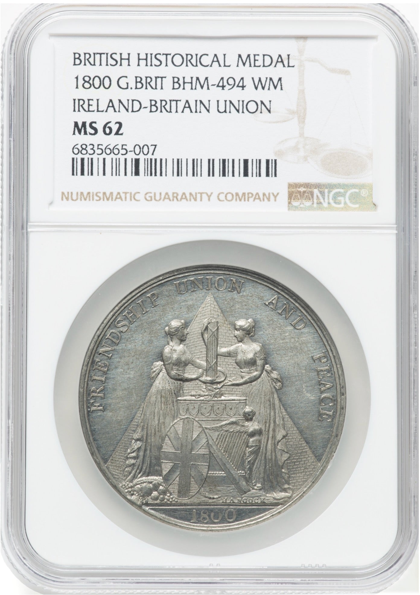 1800 Union of Great Britain and Ireland, Act Passed white metal medal BHM 494 E917 MS62BN