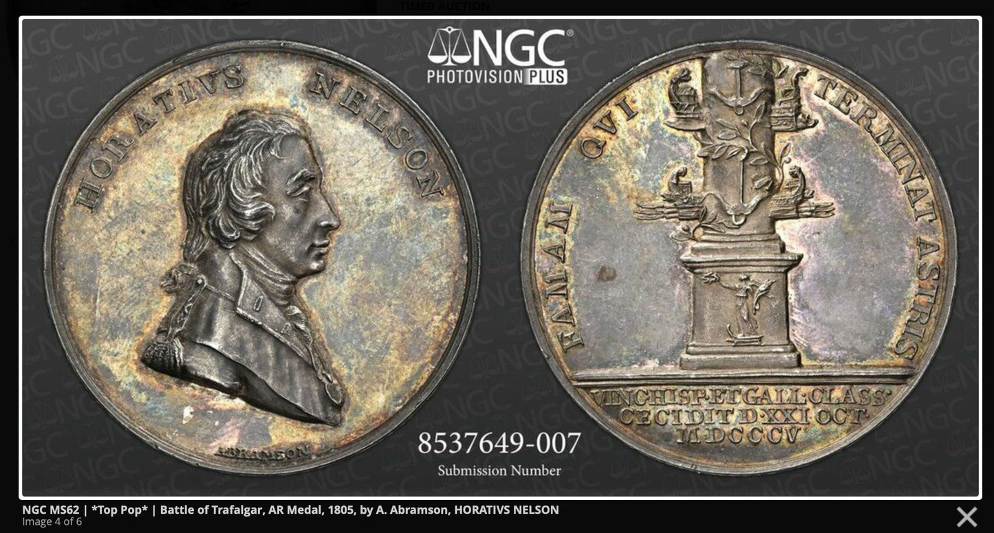 1805 Death of Nelson 40mm silver medal BHM 574 E964 MS62 TOP POP