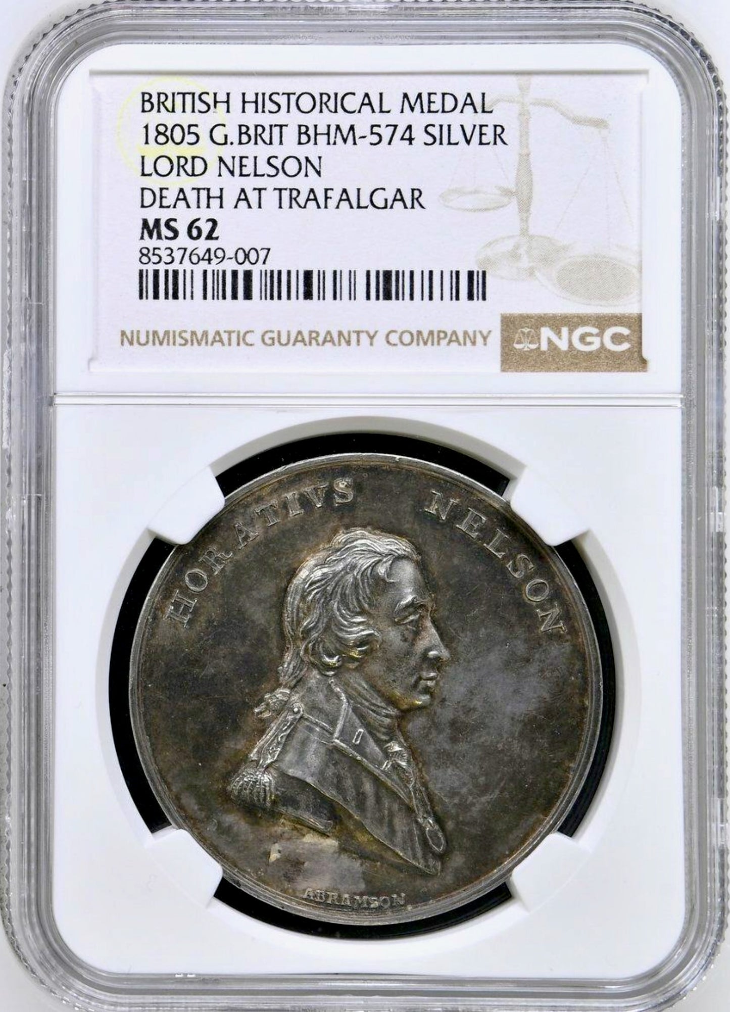 1805 Death of Nelson 40mm silver medal BHM 574 E964 MS62 TOP POP