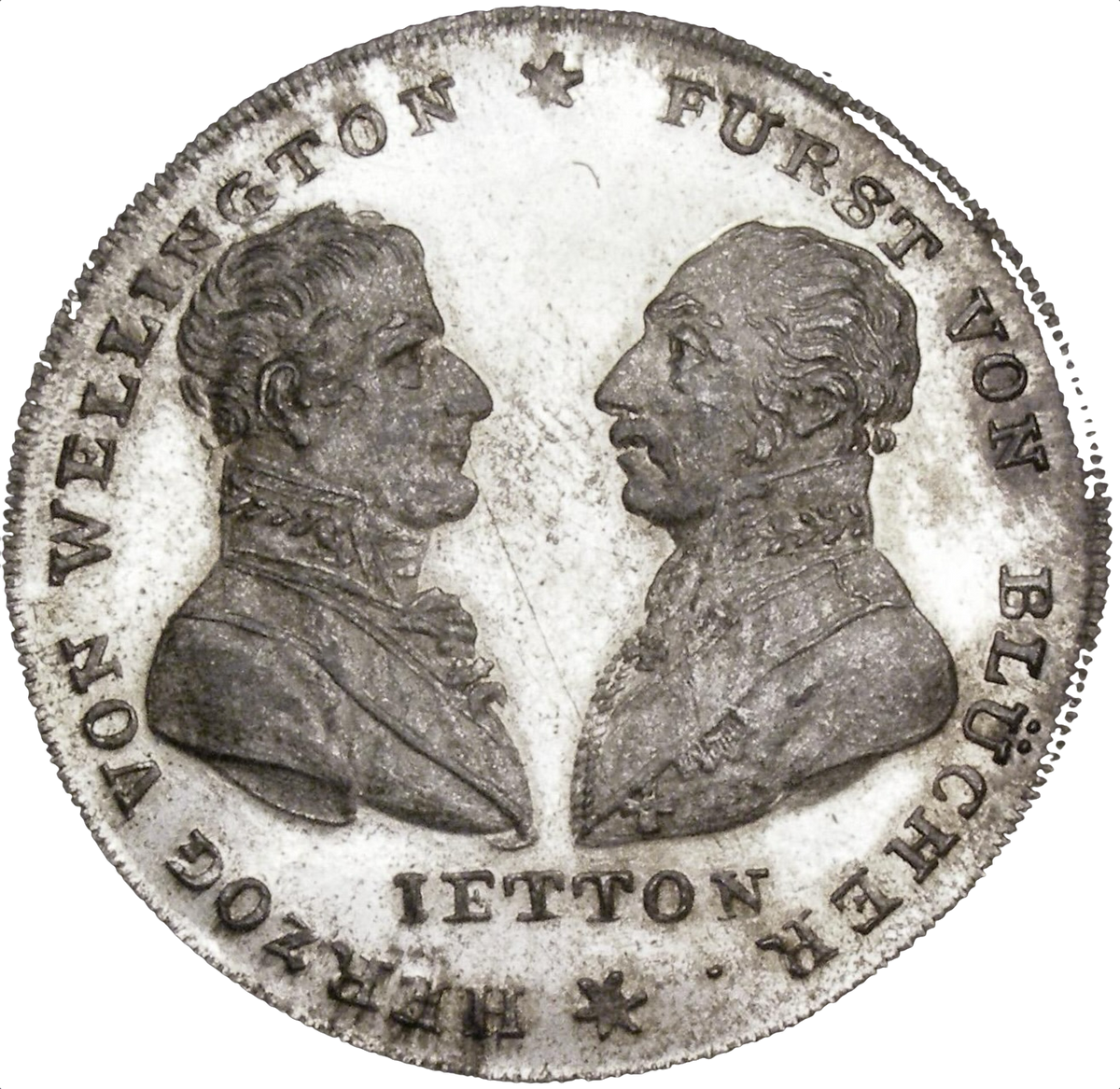 1815 Wellington meets Blucher at Waterloo 33mm Silver Jeton