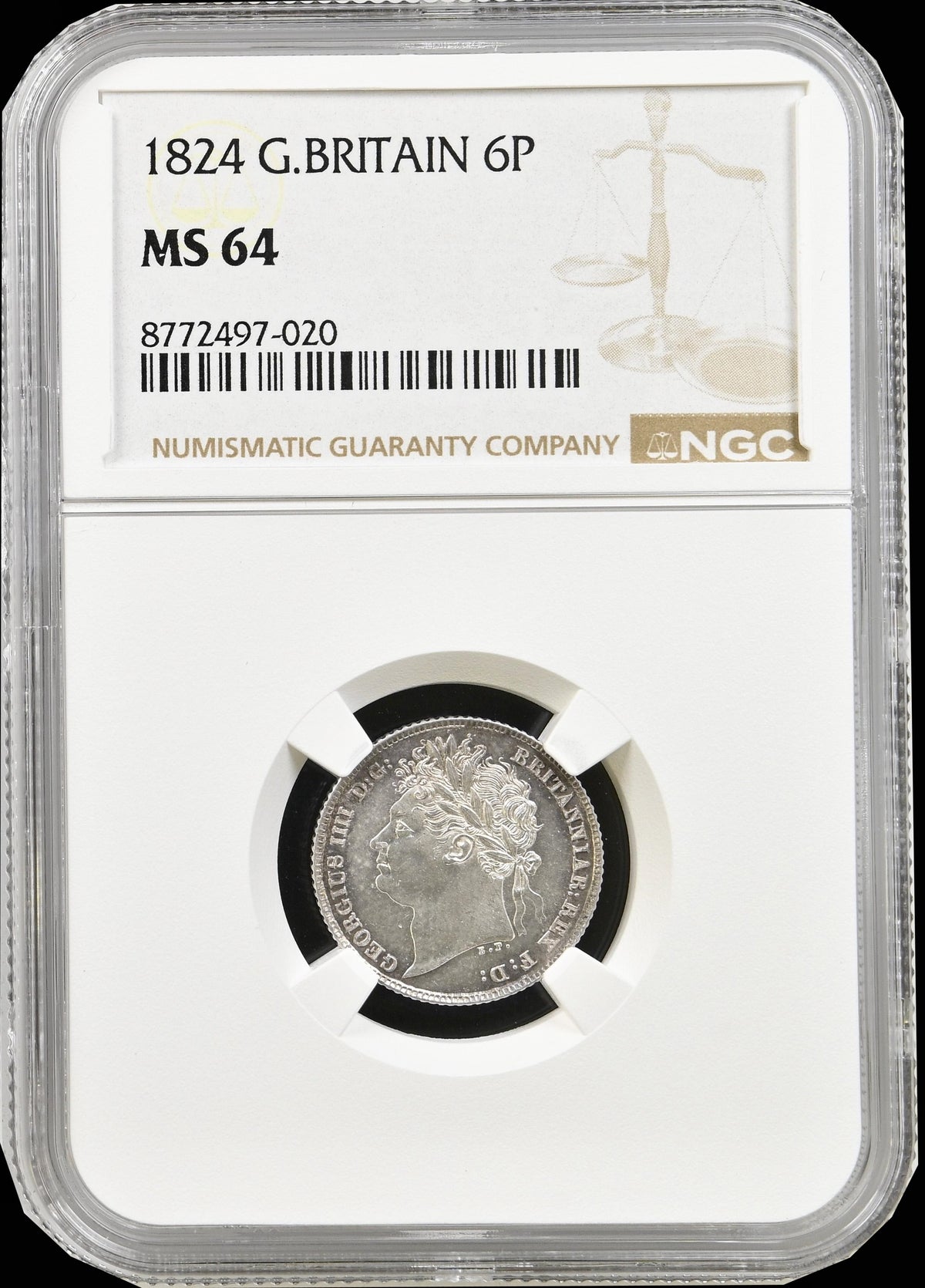 1824 Sixpence Laureate head S3814 ESC 2425 UNC MS64