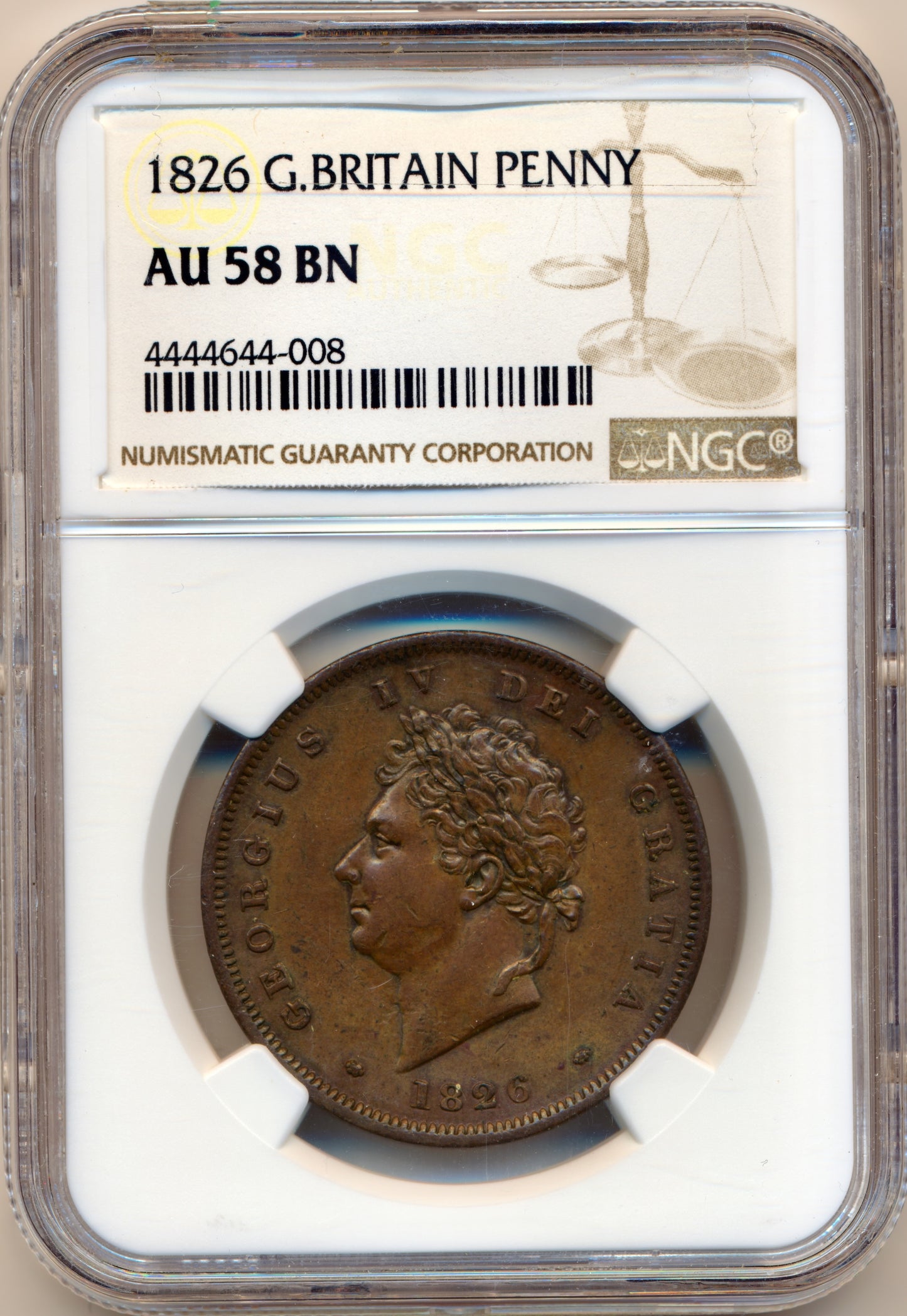 1826 Penny S3823 BMC 1427 Thick central line Reverse C Very scarce AU 58 BN