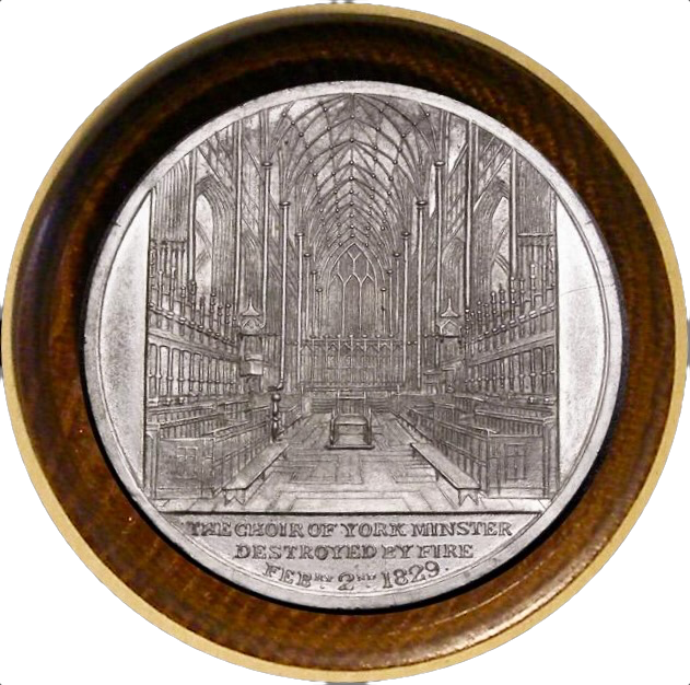1829 Choir of York Minster Destroyed by Fire 45mm White Metal medal in mahogony presentation box BHM 1361 E1208