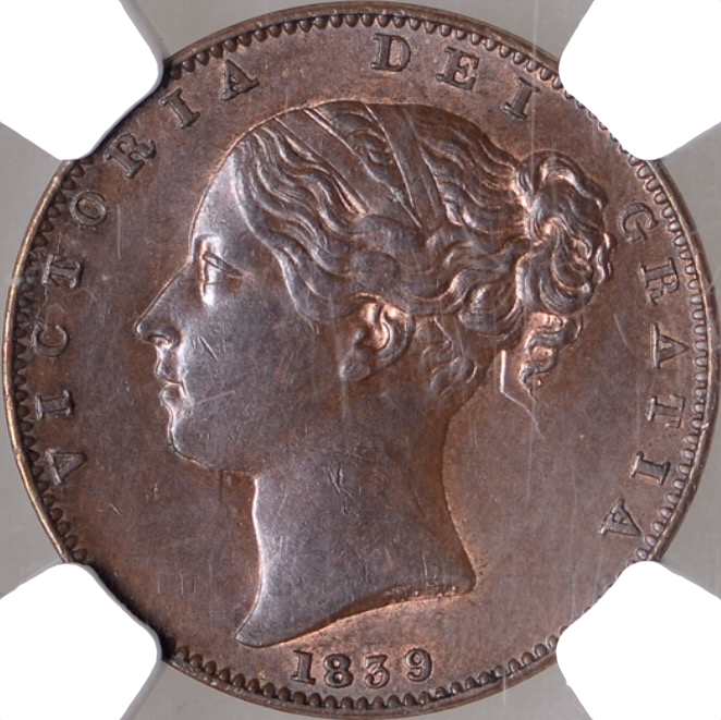 1839 Farthing S3950 BMC 1554 Colon after DEF UNC MS64BN