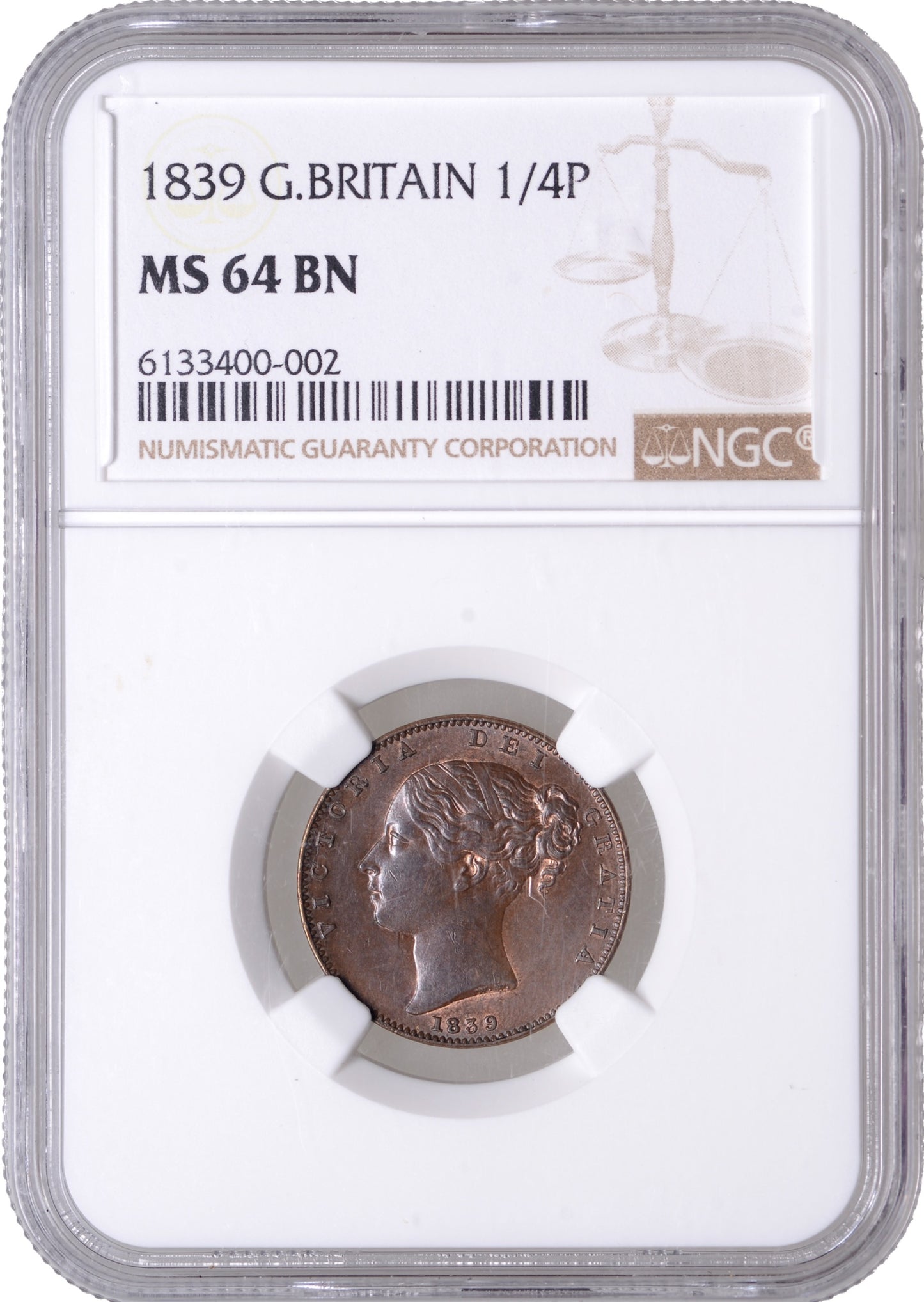 1839 Farthing S3950 BMC 1554 Colon after DEF UNC MS64BN