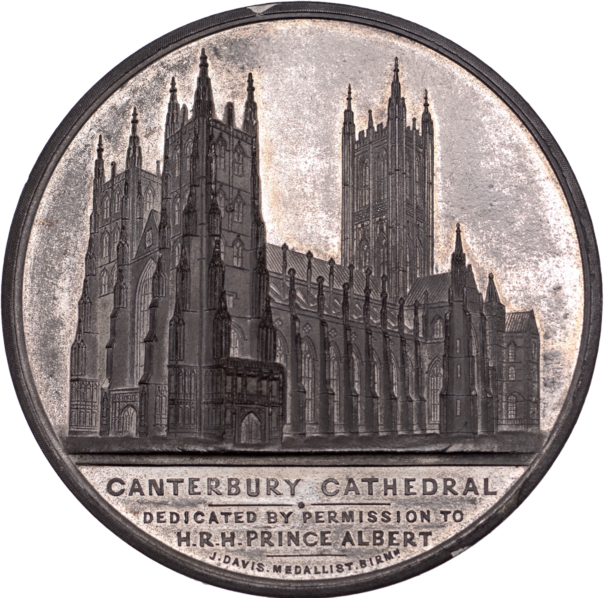1841 Canterbury Cathedral 61mm white metal medal by J Davis BHM 2367
