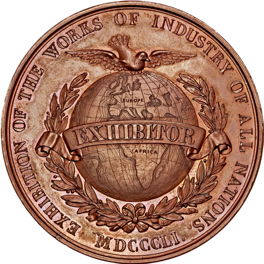 1851 Great Exhibition Exhibitor's copper 45mm medal by W Wyon in box of issue BHM 2463 E1459