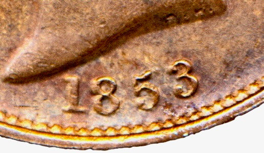 1853 Halfpenny 3 over 1 S3949 BMC 1539var GEF