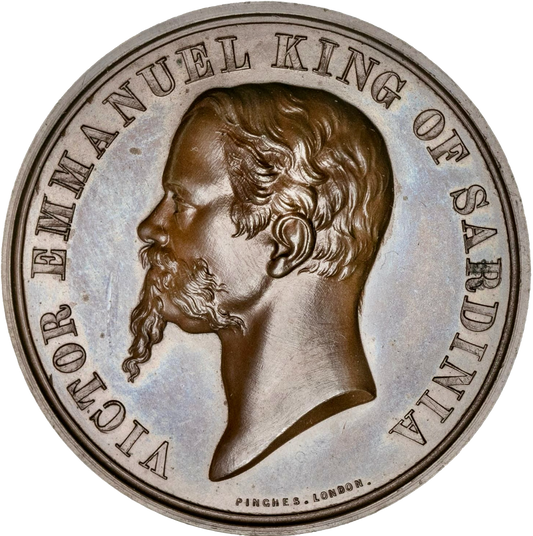 1855 Visit to England of Victor Emmanuel King of Sardinia 42mm bronze medal by Pinches BHM 2566 RR