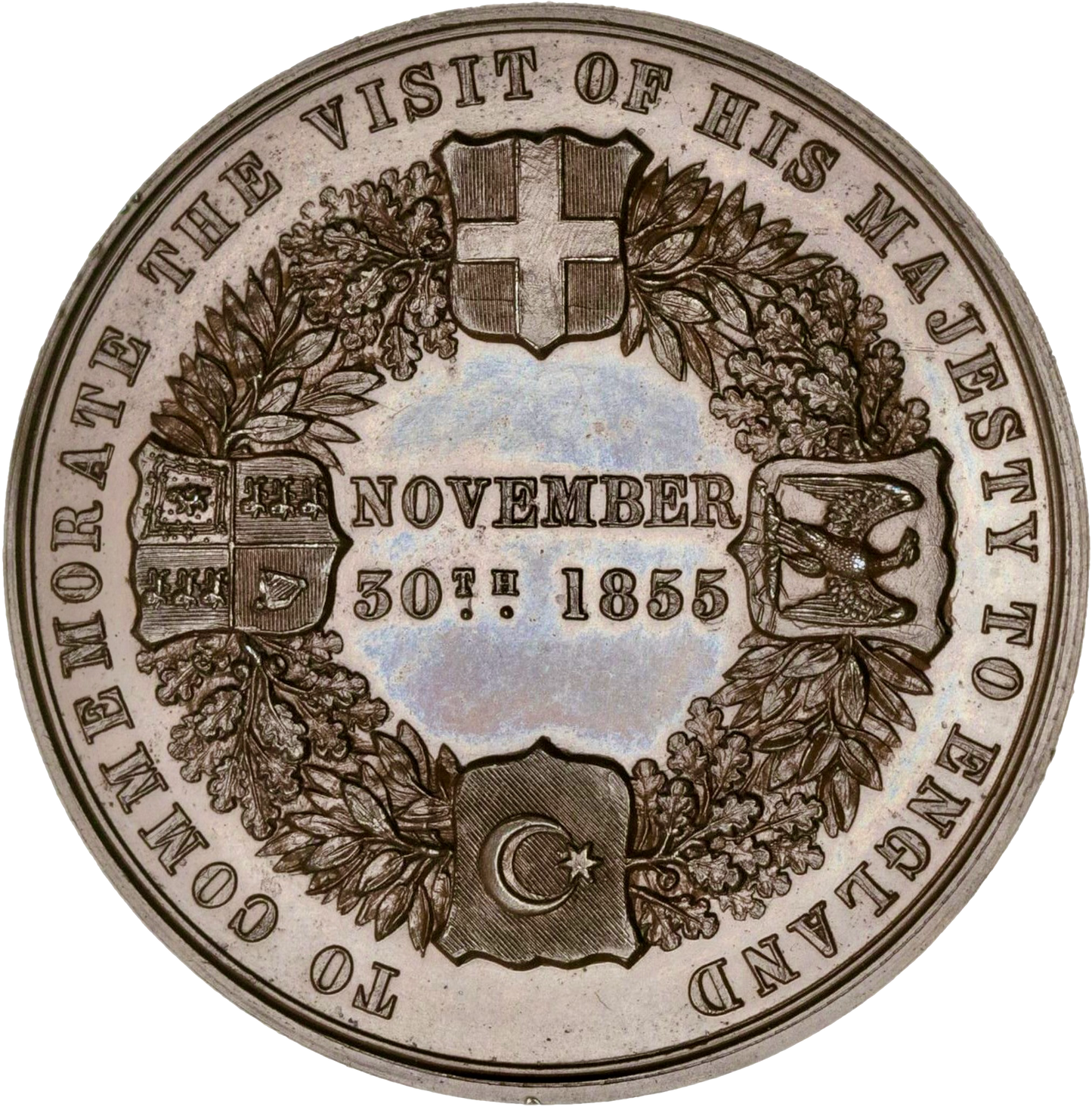 1855 Visit to England of Victor Emmanuel King of Sardinia 42mm bronze medal by Pinches BHM 2566 RR
