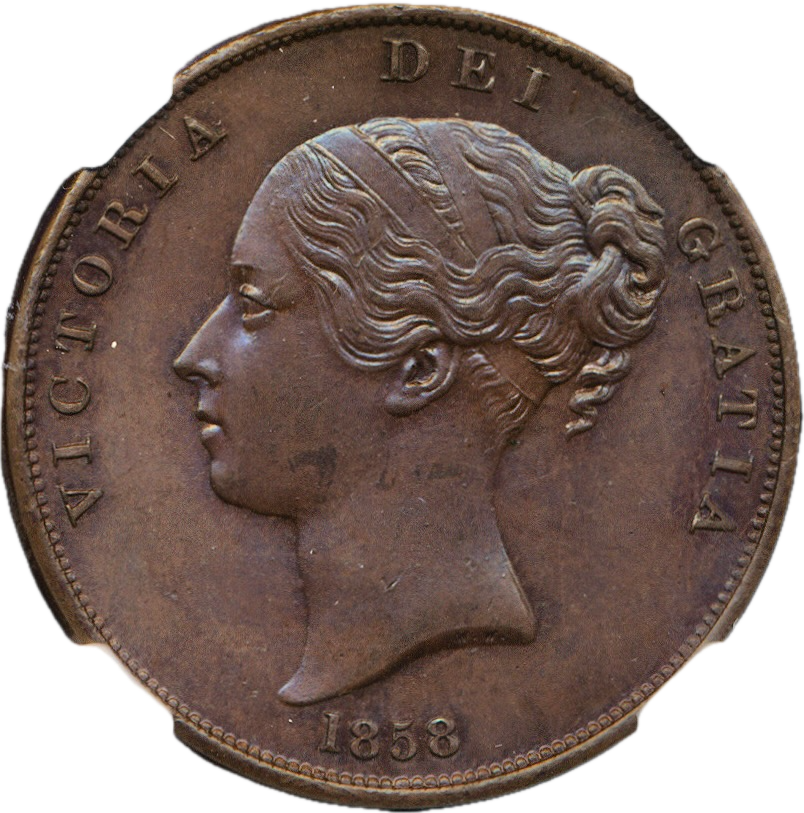 1858 Penny S3948 BMC 1518 No WW Far colon Ornamental trident Large date UNC MS64BN