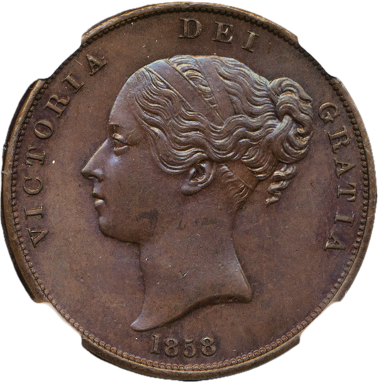 1858 Penny S3948 BMC 1518 No WW Far colon Ornamental trident Large date UNC MS64BN