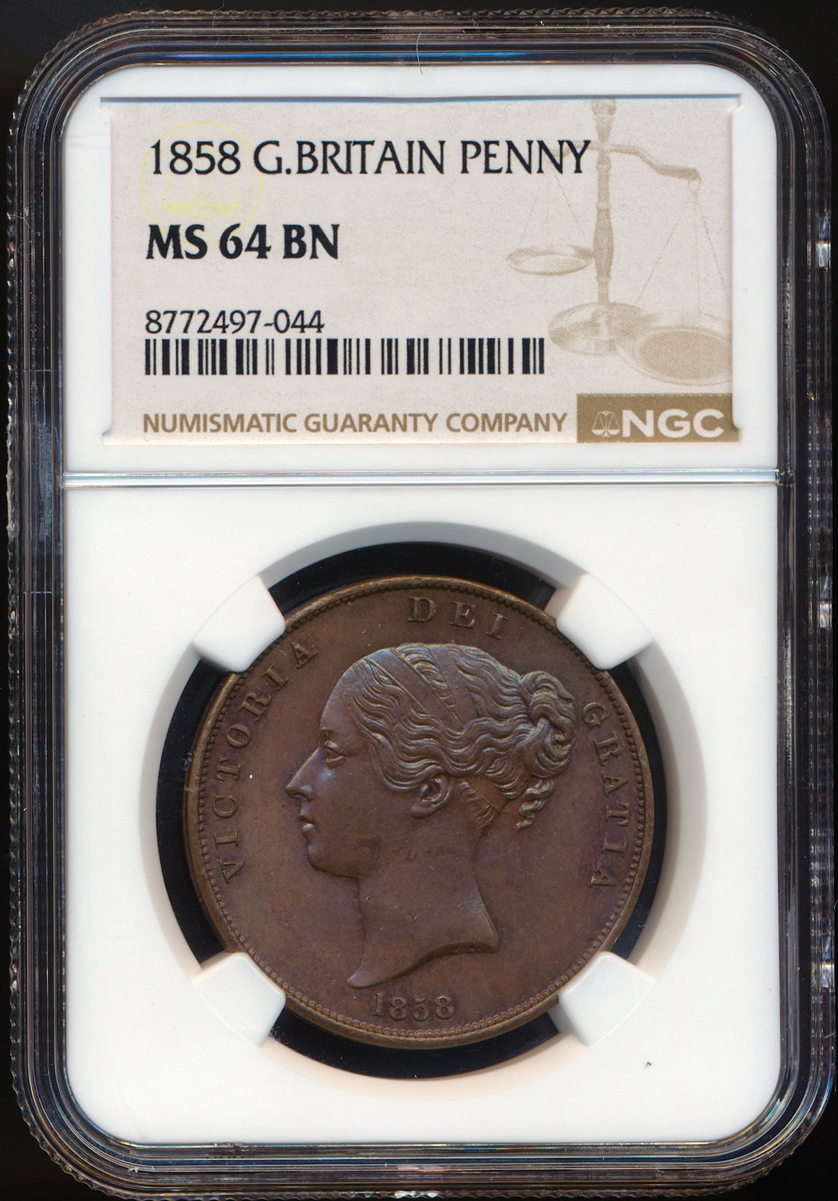 1858 Penny S3948 BMC 1518 No WW Far colon Ornamental trident Large date UNC MS64BN