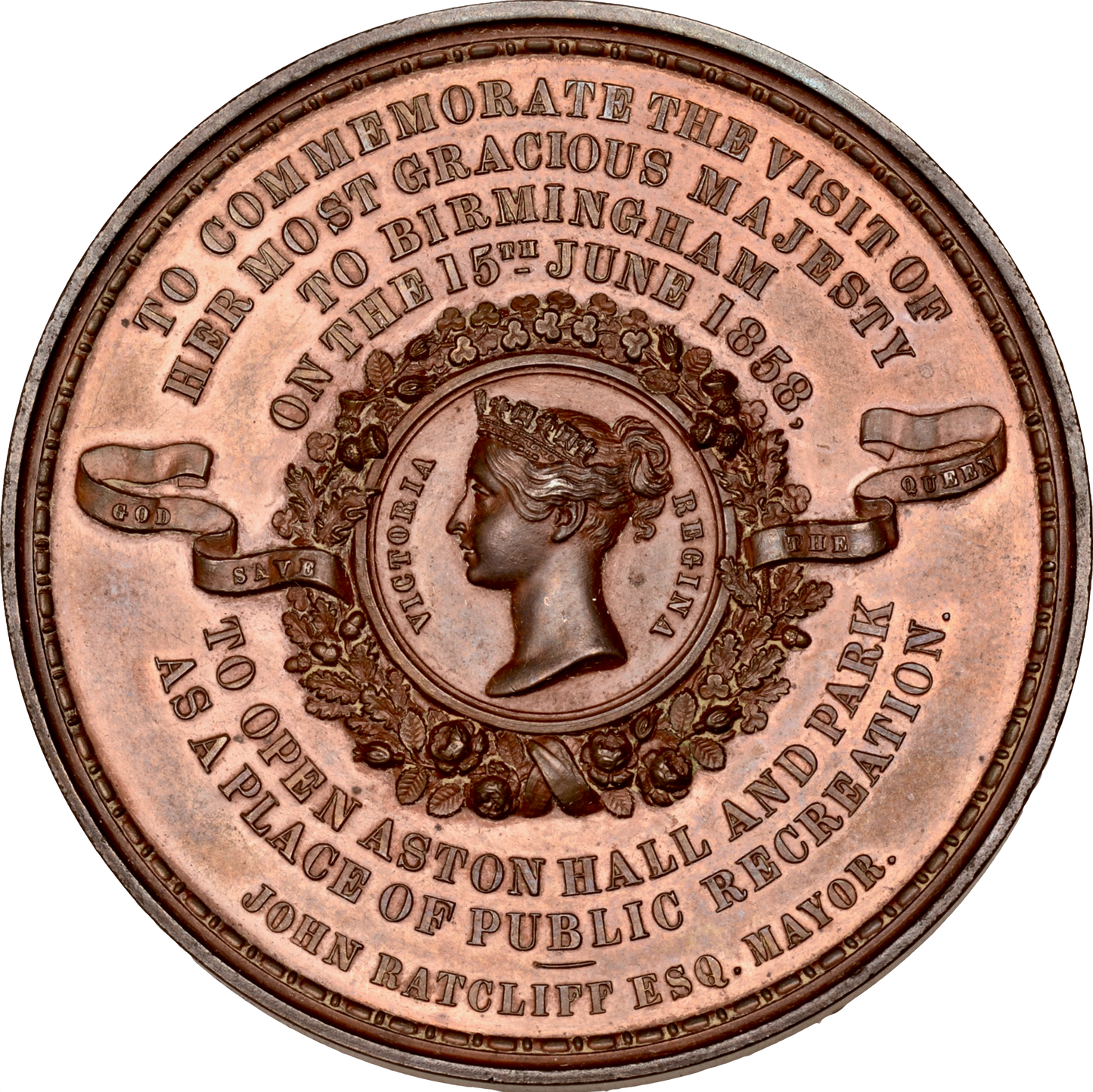 1858 Victoria visit to Aston Hall, Birmingham 55mm bronze medal in fitted box by J Moore BHM 2613