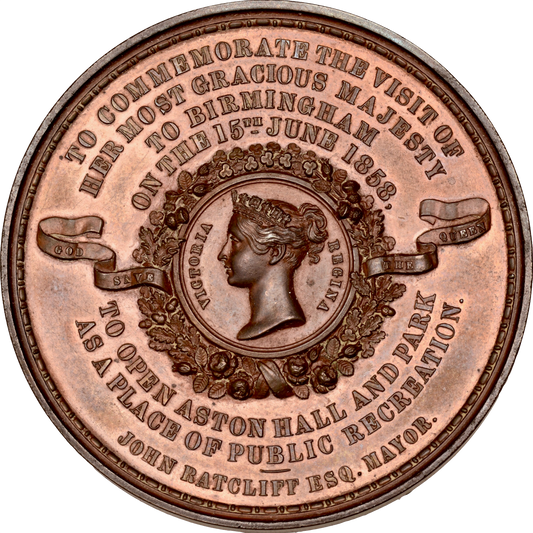 1858 Victoria visit to Aston Hall, Birmingham 55mm bronze medal in fitted box by J Moore BHM 2613