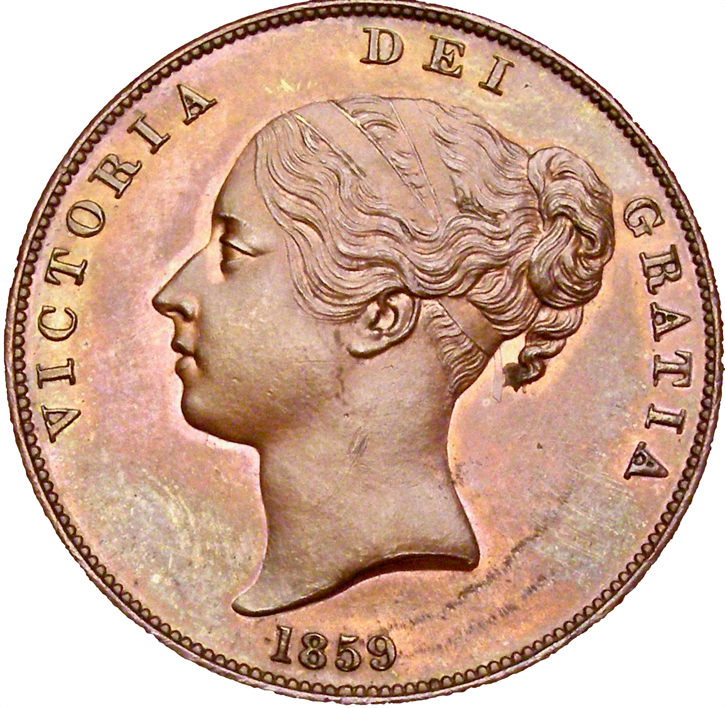 1859 Penny No WW Far colon Ornamental trident Large date BMC 1519 AUNC