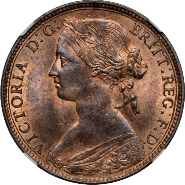 1860 Penny S3954 F13 Obv 3 Rev D UNC MS62 Red brown