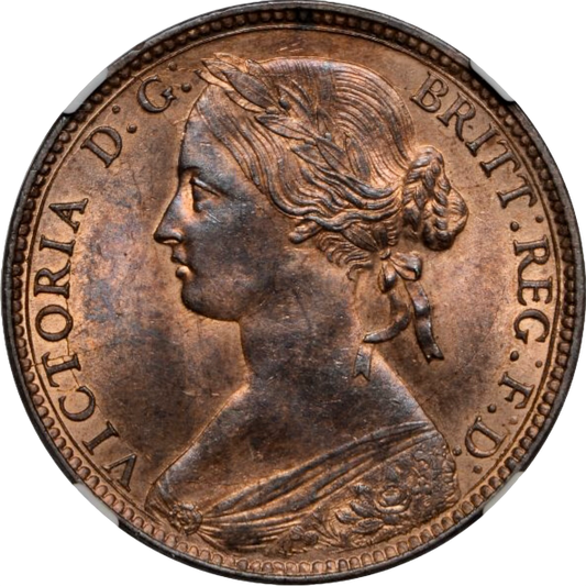 1860 Penny S3954 F13 Obv 3 Rev D UNC MS62 Red brown