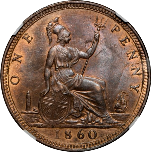 1860 Penny S3954 F13 Obv 3 Rev D UNC MS62 Red brown