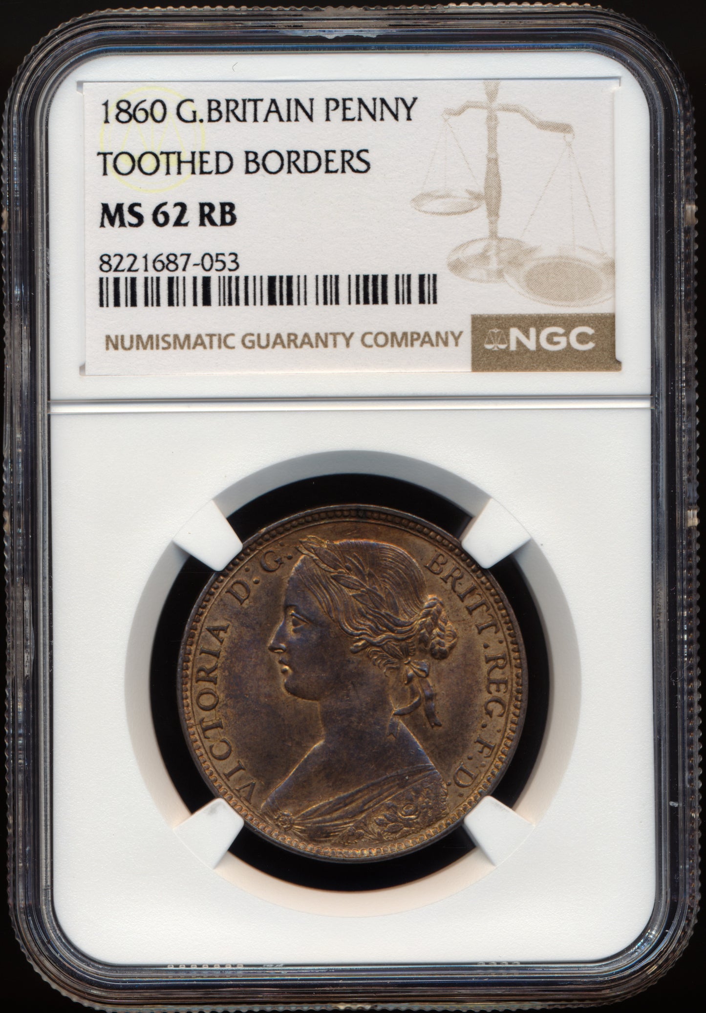 1860 Penny S3954 F13 Obv 3 Rev D UNC MS62 Red brown