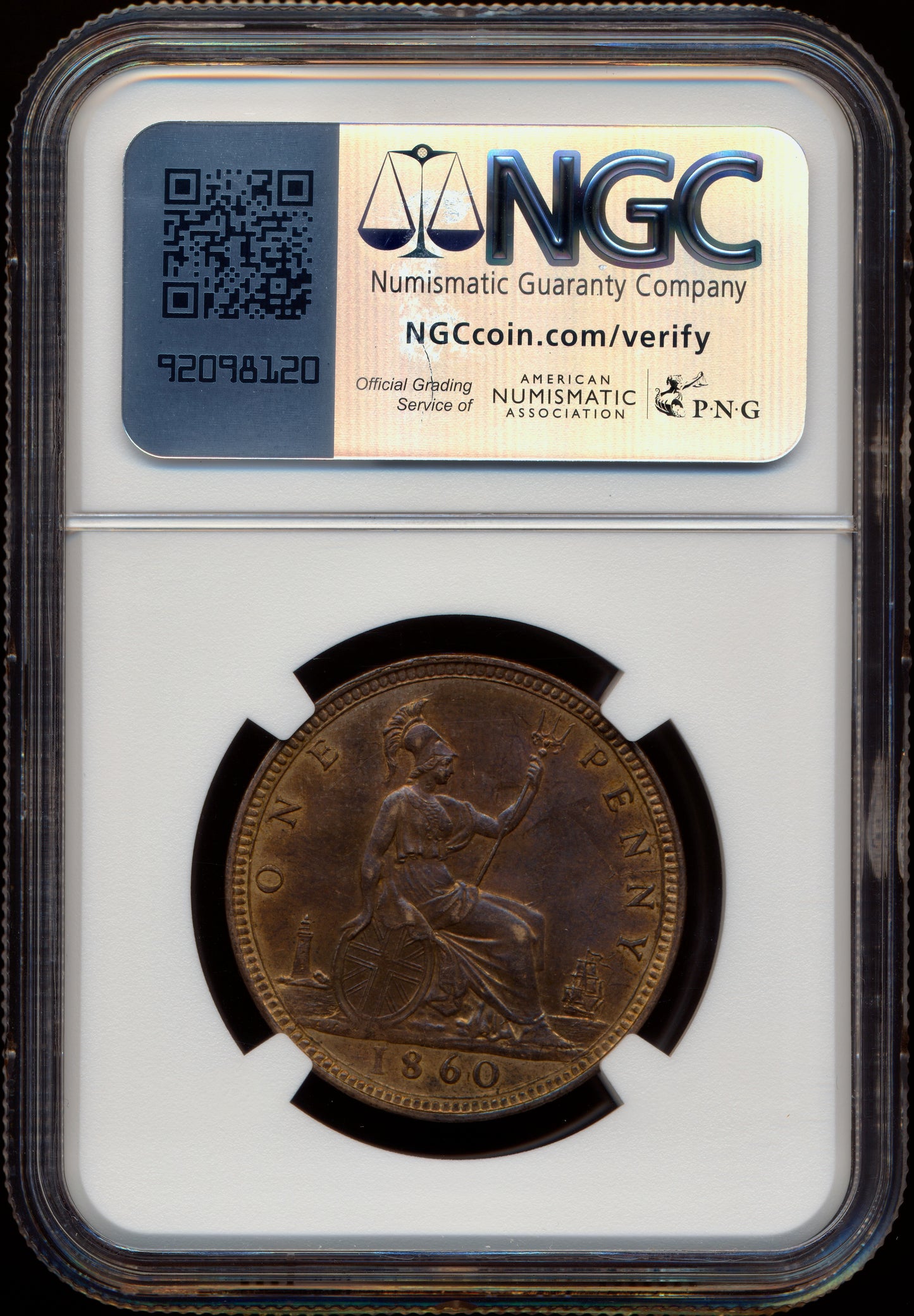 1860 Penny S3954 F13 Obv 3 Rev D UNC MS62 Red brown