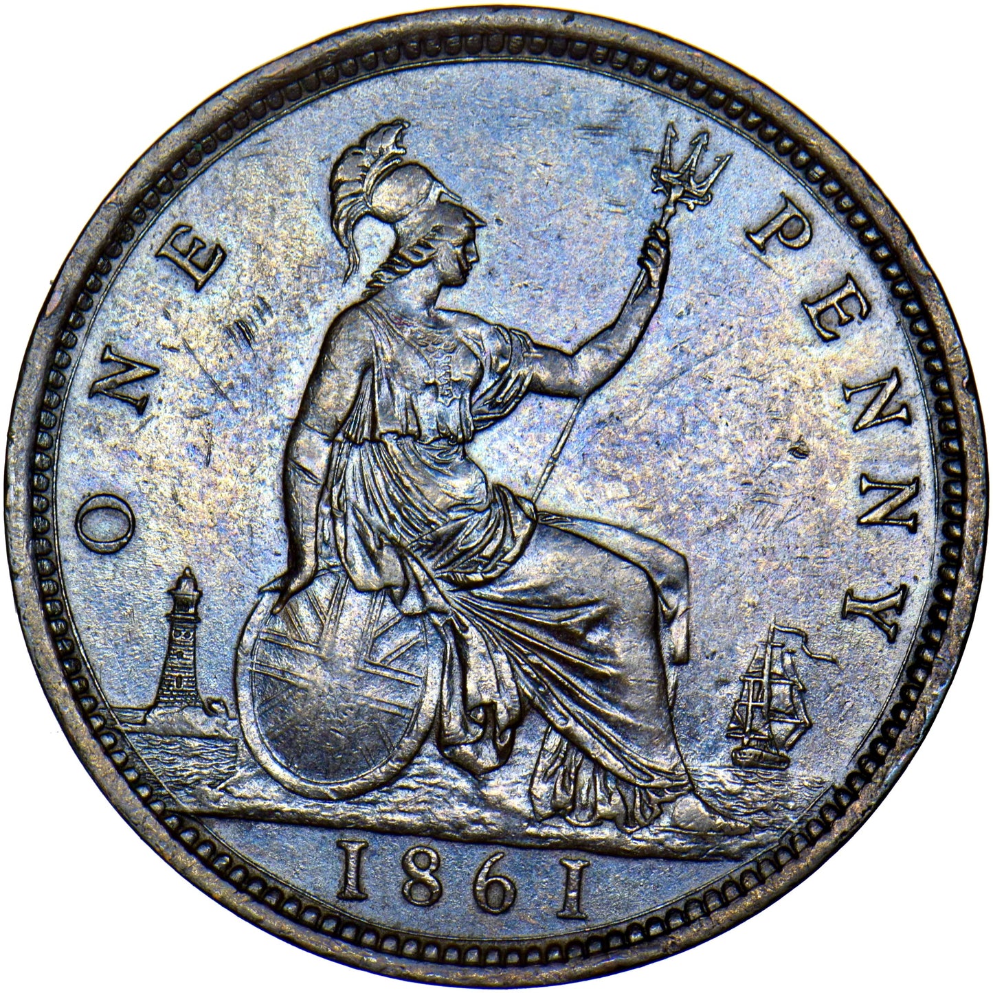 1861 Penny S3954 F33 Obv 6 Rev G GEF