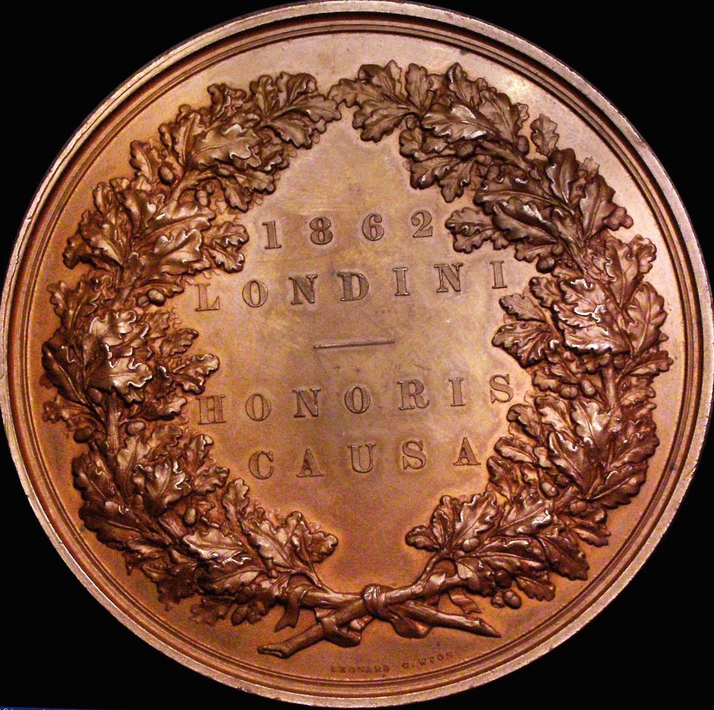 1862 International Exhibition 76.5mm official prize copper medal by LC Wyon BHM 2747 E 1553