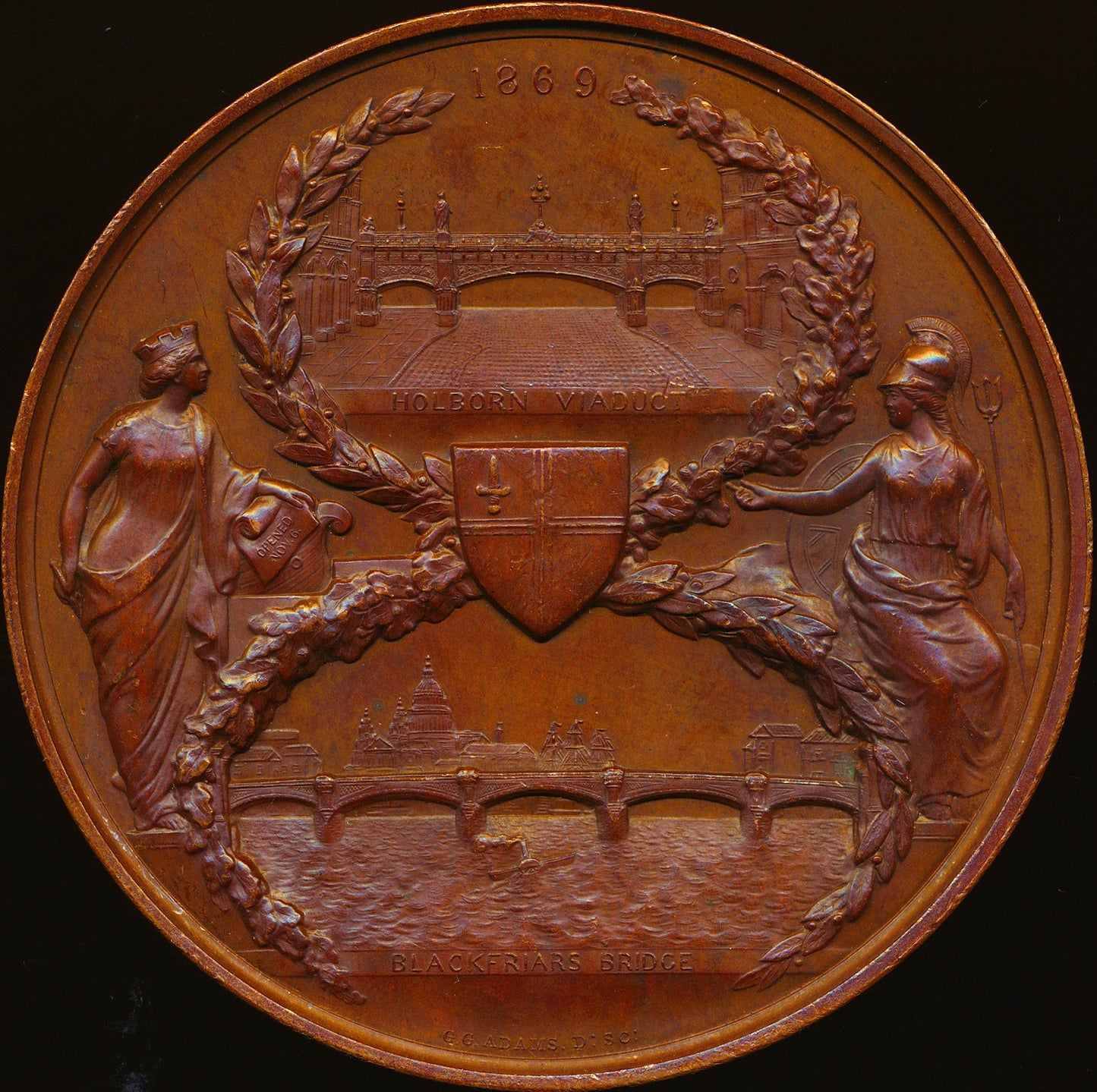 1869 Blackfriars Bridge and Holborn Viaduct Opened 76mm copper medal BHM 2906 Eimer 1604