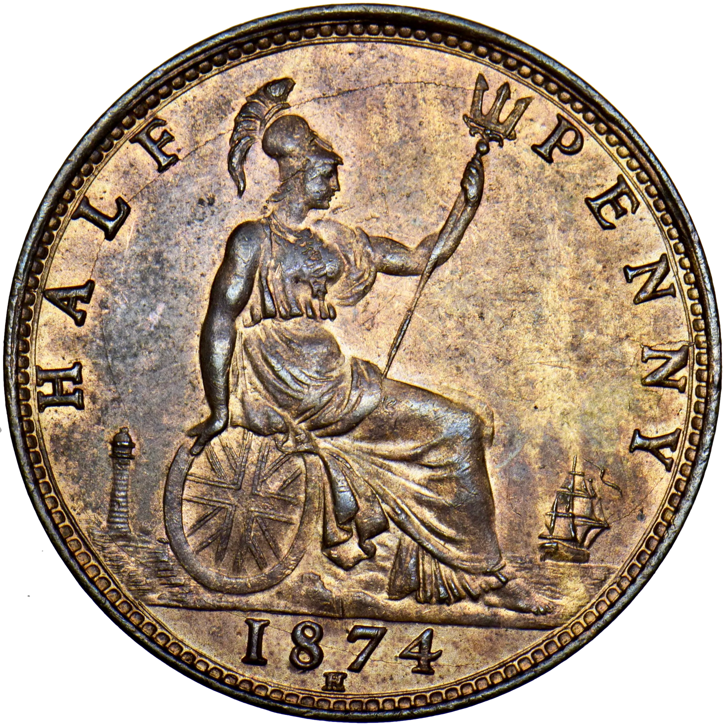 1874H Halfpenny F 318 AUNC