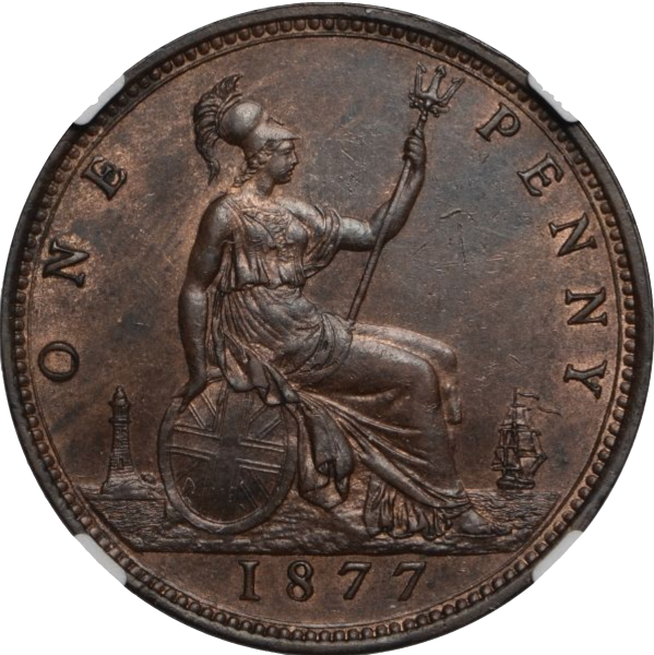 1877 Penny F91 Obv 8 Rev J UNC MS61