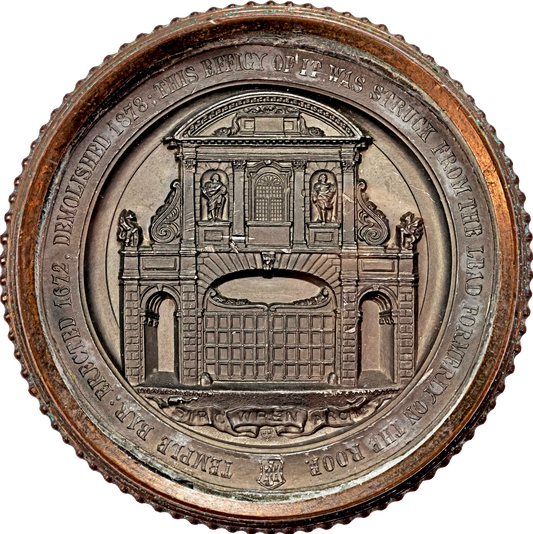 1878 Removal of Temple Bar from the City of London l113mm lead uniface glazed medal BHM 3051 E1658