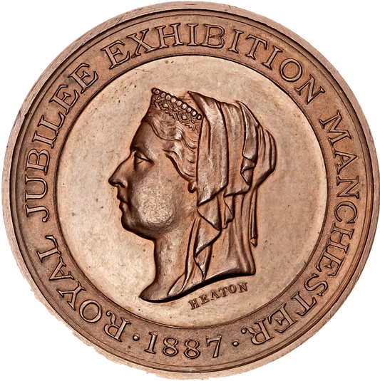 1887 Golden Jubilee BHM 3346 Manchester Exhibition 45mm bronze and white metal medals in box of issue by Heaton rare