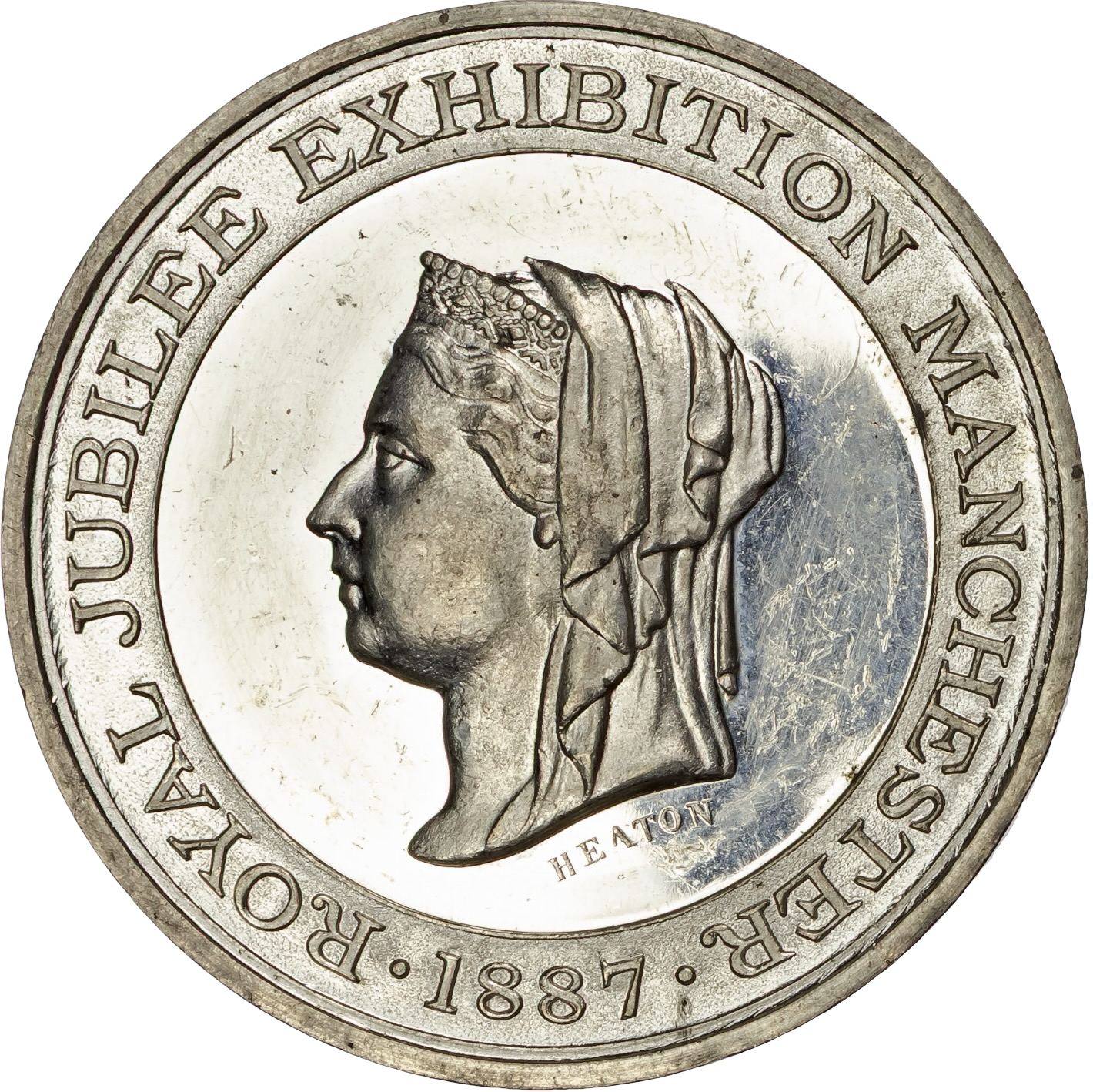 1887 Golden Jubilee BHM 3346 Manchester Exhibition 45mm bronze and white metal medals in box of issue by Heaton rare