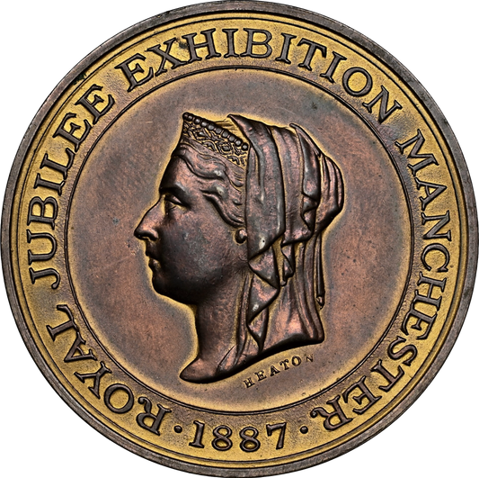 1887 Golden Jubilee BHM 3346 Manchester Exhibition 43mm bronze medal in box of issue by Heaton