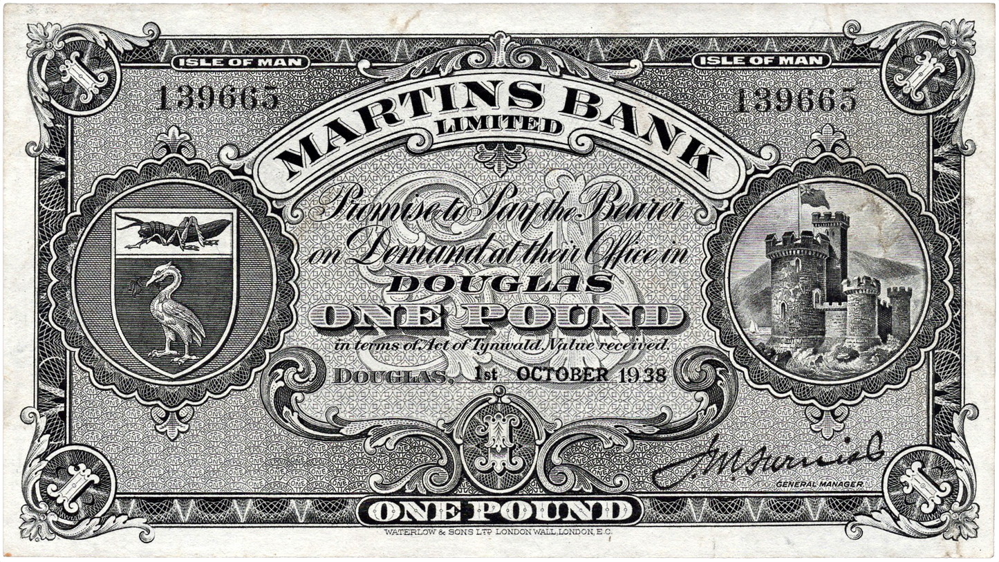 ISLE OF MAN P.18b IM13c Martins Bank 1938 £1 GVF