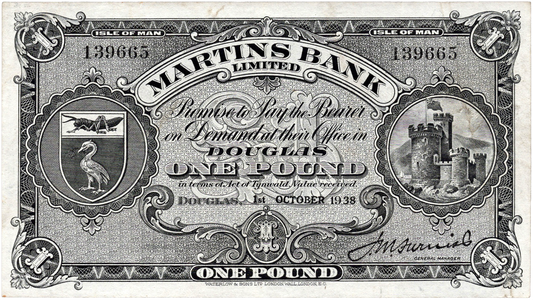 ISLE OF MAN P.18b IM13c Martins Bank 1938 £1 GVF