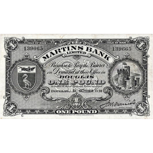 ISLE OF MAN P.18b IM13c Martins Bank 1938 £1 GVF