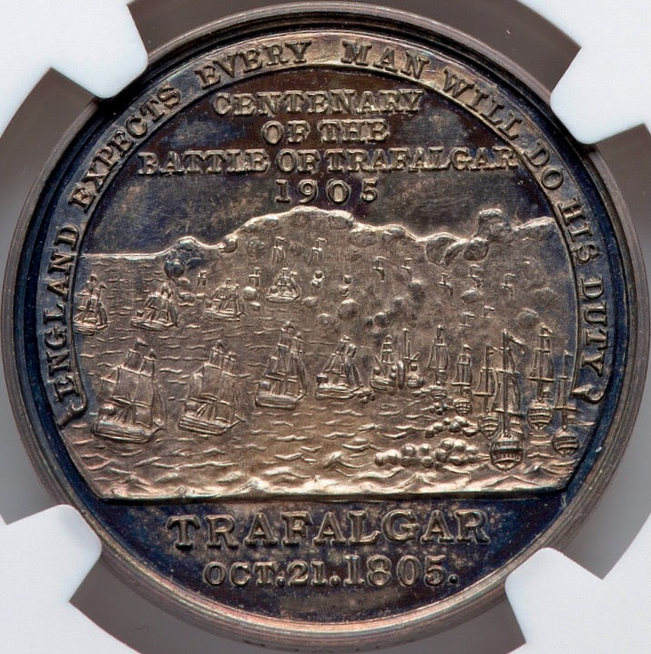 1905 Centenary of the Battle of Trafalgar 32mm silver medal BHM 3923 MS63 Very rare