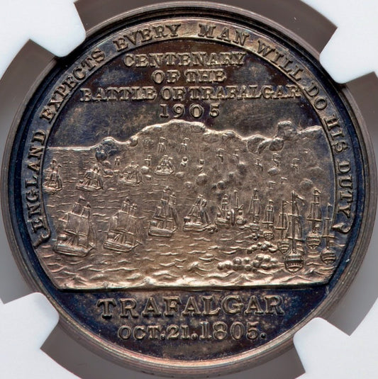 1905 Centenary of the Battle of Trafalgar 32mm silver medal BHM 3923 MS63 Very rare