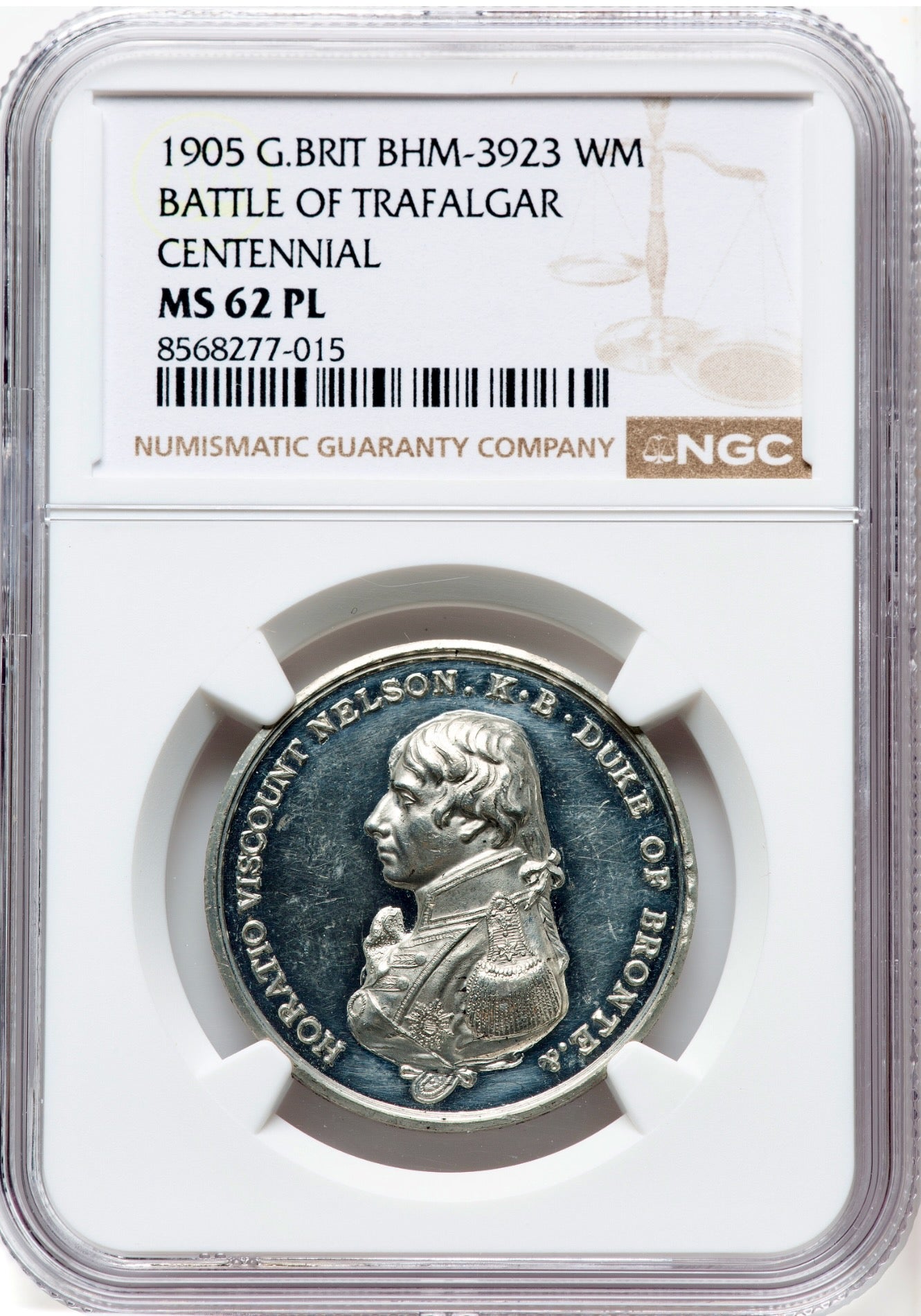 1905 Centenary of the Battle of Trafalgar 32mm white metal medal BHM 3923 MS62