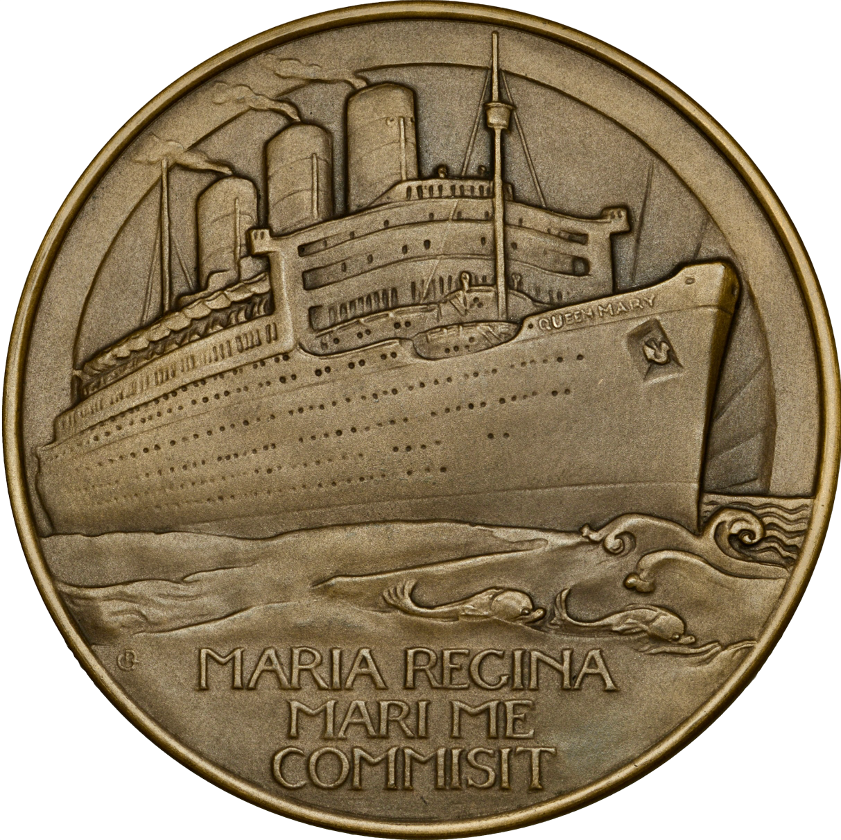 1936 RMS Queen Mary, Maiden Voyage 70mm bronze medal in box of issue